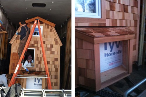 We stained our Red Cedar Shingles with an oil finish to preserve the natural look as long as possible. Also, the little storage box up front will protect our spigot and eletrical box from the elements.